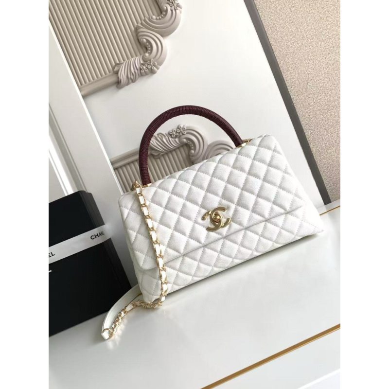 Chanel Medium Coco Handle Bag-white with Burgundy Lizard handle