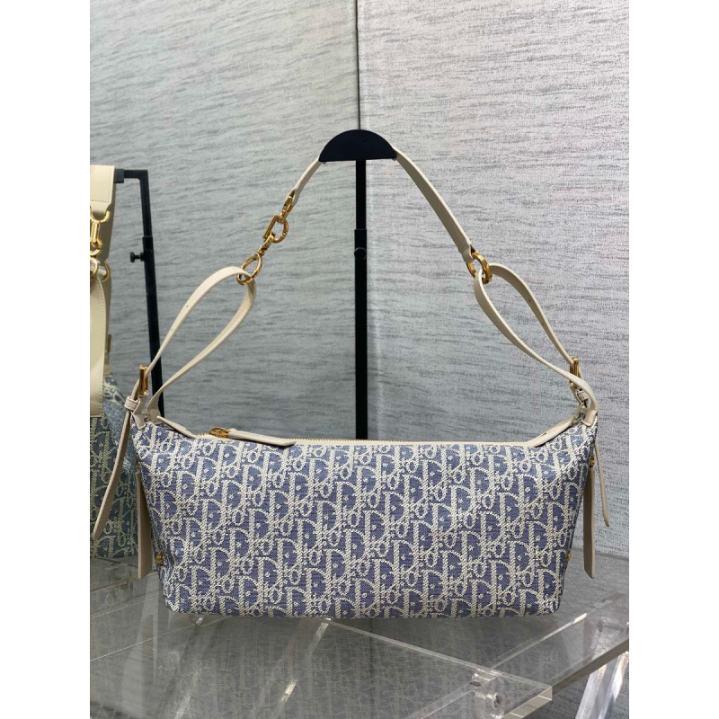 Dior Medium D-Journey Bag-Blue Dior Oblique Chambray with Raffia Effect  