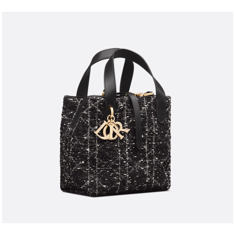 Small Dior Toujours Vertical Tote Bag-Black Tweed with White Cannage Motif